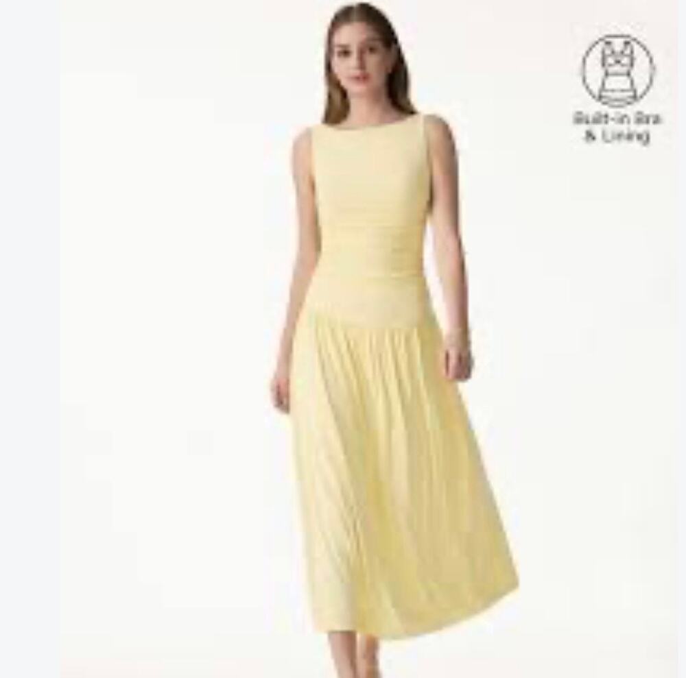 OGL Butter Yellow Ruched Midi Brami Dress Women's Size M New Built-In Bra